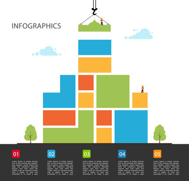 Infographic building business. concept of building success. Crane and building color block. Vector Illustration. template design layout 5 step.