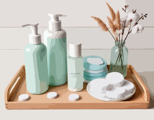 Skin care products on wooden tray. Bottles with cleansing foam, glass jar with cotton pads.
