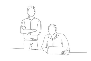 Two employees who want to discuss the briefing. Business briefing concept one-line drawing