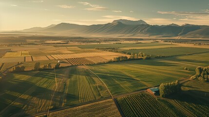 Showcase an aerial view of farmland with a panoramic view of distant mountains in the background, framing the scene.
