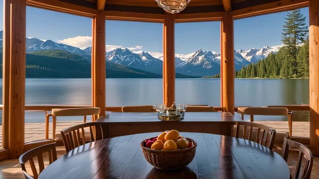 Video footage of  lakeview dining room. In the foreground, there&rsquo;s a large wooden table centered with a bowl of fruit