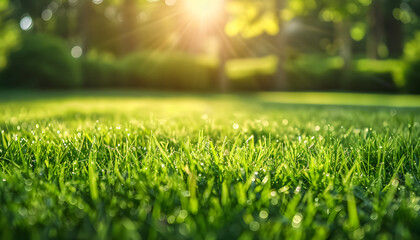 Naklejka premium Green lawn with fresh grass outdoors. Nature spring grass background texture.&nbsp;