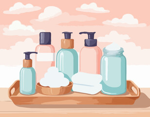 Skin care products on wooden tray. Bottles with cleansing foam, glass jar with cotton pads.
