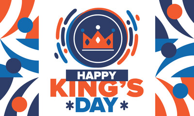 Obraz premium King’s Day in Netherlands. Koningsdag in Dutch. Nation’s cultural heritage and the celebrate birthday of His Majesty King. Dutch royal family. Netherlands flag. Orange colour or orange madness. Vector