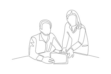 Two new employees started discussing the briefing. Business briefing concept one-line drawing