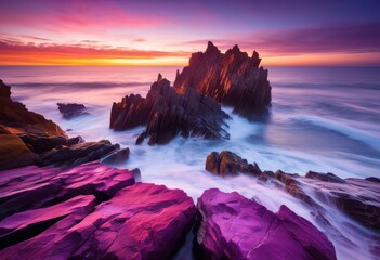 breathtaking sunrise over rugged rocky coastline vibrant colors tranquil ocean waves, shore, sky, horizon, water, sea, landscape, dawn, morning, sunlight, rocks