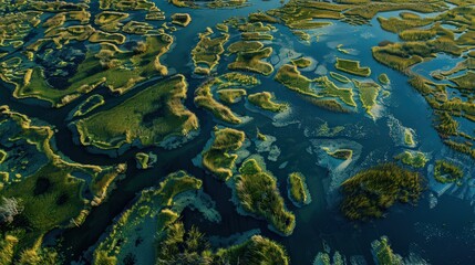 Showcase an aerial view of wetlands with a focus on the intricate patterns created by tidal fluctuations and seasonal changes.