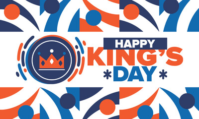 King’s Day in Netherlands. Koningsdag in Dutch. Nation’s cultural heritage and the celebrate birthday of His Majesty King. Dutch royal family. Netherlands flag. Orange colour or orange madness. Vector