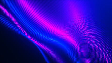 Futuristic dot wave. Abstract digital particle wave. Technology background. Colored musical wave. Dark background. Digital background with smooth, wavy curves. 3D rendering