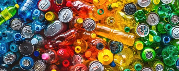 Colorful Plastic and Metal Bottles and Cans for Recycling