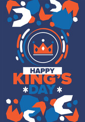 King’s Day in Netherlands. Koningsdag in Dutch. Nation’s cultural heritage and the celebrate birthday of His Majesty King. Dutch royal family. Netherlands flag. Orange colour or orange madness. Vector