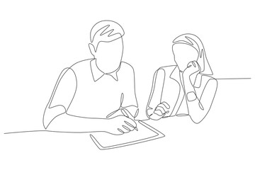 Two serious employees discussing work briefing. Business briefing concept one-line drawing
