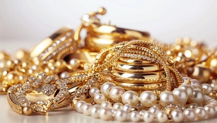 Pile of Gold Jewelry and Pearls