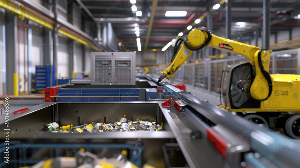 Poster showcase the advanced robotics in a recycling facility, sorting and processing materials with high e