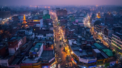 Showcase the bustling Chandni Chowk area from above, known for its vibrant markets, narrow lanes, and historic Jama Masjid in Old Delhi