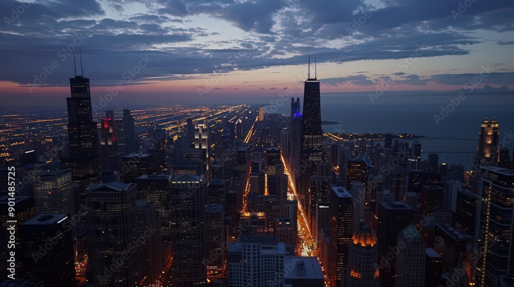 Sticker Showcase the Chicago skyline at twilight, with the city lights beginning to twinkle.