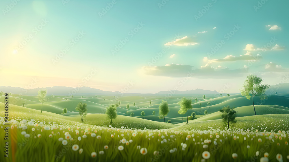 Sticker Summer background, sunny skies and green landscapes, flat design illustration