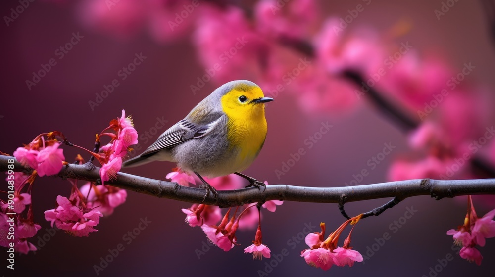 Poster a grey and yellow bird sitting on the branch of cherry blossoms