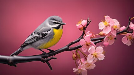 a grey and yellow bird sitting on the branch 