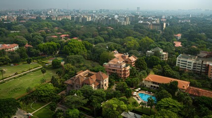 Showcase the diplomatic enclave of Chanakyapuri from above, with embassies, consulates, and international institutions dotting the landscape.