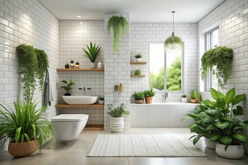 The design of the white bathroom is made in eco style. The bathroom is white tiled and filled with living plants.