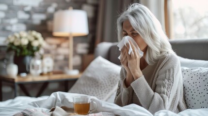 Ill sick middle aged woman sneezing blowing running nose holding tissue sit on bed, upset old mature lady caught cold got flu influenza grippe symptoms drink hot tea taking medications at home alone