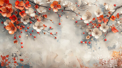 Elegant colorful with vibrant flower hanging branches illustration background. Bright color 3d abstraction wallpaper for interior mural, Generated by AI	
