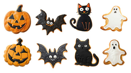 Halloween themed gingerbread and pumpkin cookies isolated on transparent background, PNG. Pumpkin, black cat, bat and ghost shapes.