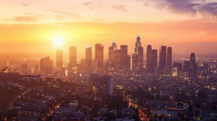 Showcase the Los Angeles skyline at dawn, as the first light of day illuminates the cityscape.