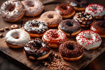 Delicious assorted donuts with chocolate, sprinkles, and creamy toppings on a wooden board.