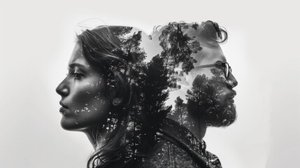 Double exposure portrait man woman duality merging two souls, balance contrast light dark