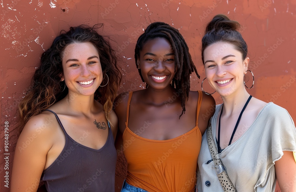 Wall mural three diverse women standing together, smiling warmly, exuding happiness and confidence