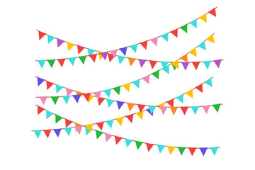 Obraz premium Hanging colorful garlands. Carnival party triangle flags for kids. Vector illustration isolated on white background