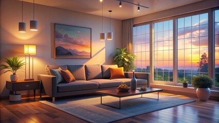 Naklejka premium Softly lit, minimalist living room at dusk with warm colors, comfy couch, and subtle animations, ideal for virtual stream backgrounds and vtuber assets.