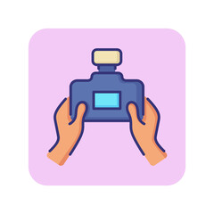 Obraz premium Shooting line icon. Hands holding photo camera. Photography concept. Can be used for topics like picturing, capturing, studio