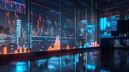 Obraz premium stock market performance statistics virtual display in modern office, stock market economy or business analysis