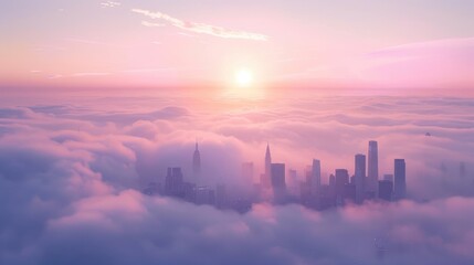 Fototapeta premium Sunrise over a city skyline emerging from clouds, with soft pastel hues of pink and purple in the sky