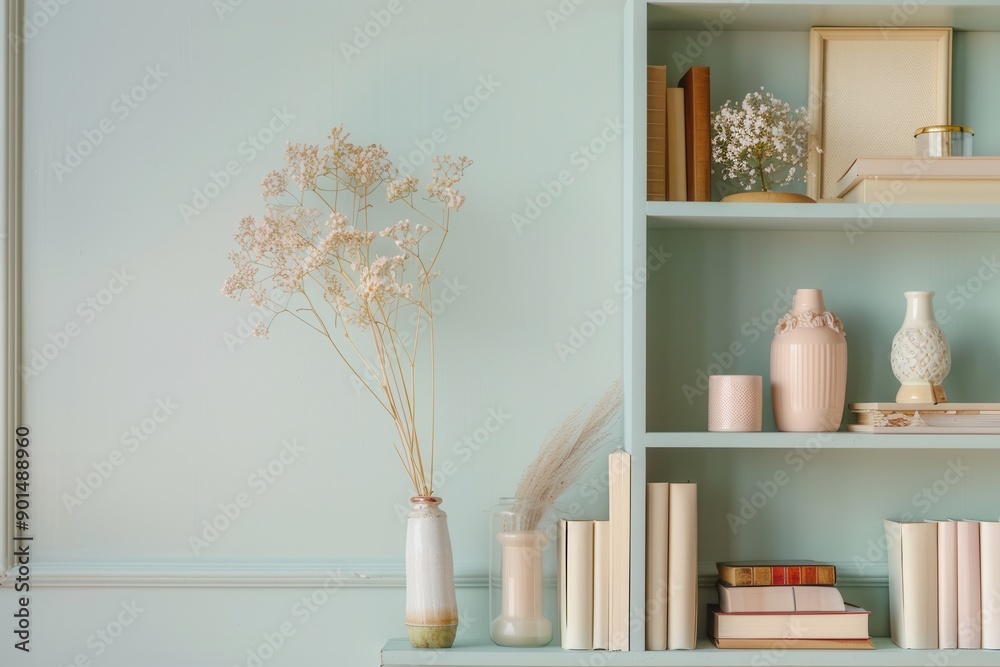 Aufkleber A shelf unit displays books, vases, and photo frames, creating a harmonious atmosphere against a soft pastel wall in a cozy room. Generative AI