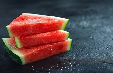 Watermelon slices placed on a dark background highlight their vibrant color and juicy texture, creating a striking contrast
