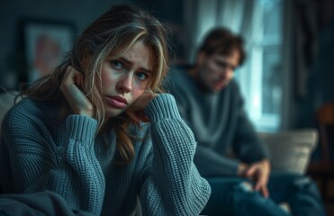 A woman sits on the couch with her head in her hands, sad and depressed, beside an angry man
