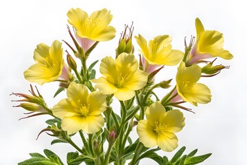 Common evening primrose flowers on white background, Ai generated