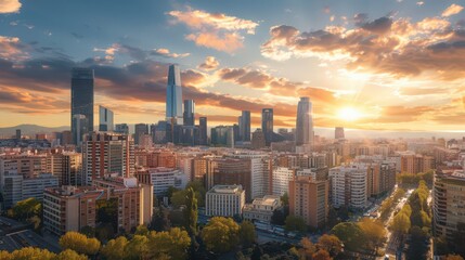 Fototapeta premium Showcase the skyline of Madrid's business district, with its prominent skyscrapers and corporate headquarters standing tall under the sunlit sky. --ar 16:9 Job ID: aac44f57-2a33-4b54-b708-ce38eb7149b1