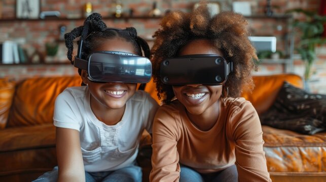 Two Girls Enjoying Virtual Reality at Home