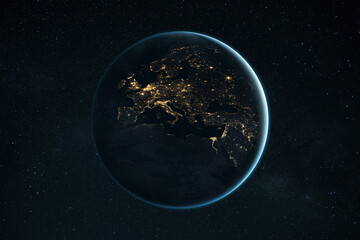 Beautiful night planet Earth with European countries: Italy, Germany, Poland, England, Belgium, Turkey, Moscow. Business and communication, concept. Amazing space and blue planet