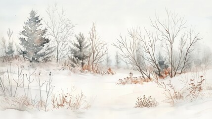 Obraz premium Watercolor of a winter landscape with bare trees and snowy plants, in soft, muted tones creating a tranquil scene