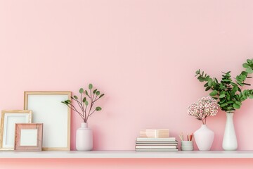A shelf unit is elegantly organized with decorative books, vases, and photo frames set against a calming pastel wall in a cozy living space. Generative AI