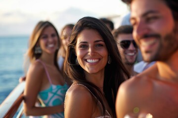 Fototapeta premium A group of smiling friends pose for the camera while enjoying a boat trip, showcasing the joy of companionship and the serene beauty of the sea.