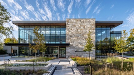 Obraz premium Modern Glass Building Under Blue Sky