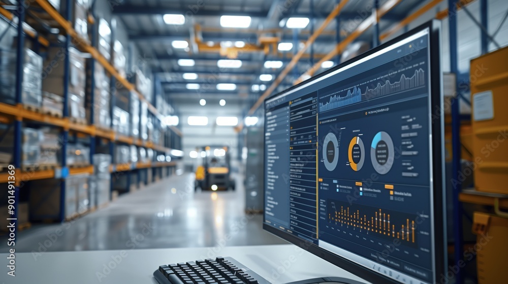 Poster warehouse with data analytics on screen. modern warehouse setting with a focus on a computer screen 