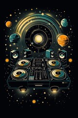 Obraz premium Cosmic DJ Setup with Planetary Background